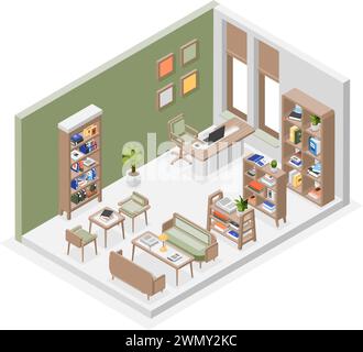 Innenraum der isometrischen Bibliothek. Leseklub oder Buchhandlung. Zimmer mit Bücherregalen, Stühlen und Schreibtisch. Schule oder Universität, makellose Vektorszene Stock Vektor