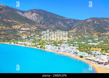 Griechenland, Dodekanesische Inseln, Sifnos Insel, Platis Gialos Strand, Hochwinkelblick, Platis Gialos Stockfoto