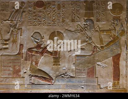 Ägypten, Sohag, Abydos, Abydos Pilgerstadt der Pharaonen, die von der UNESCO zum Weltkulturerbe erklärt wurde, Tempel von Seti I., niedriges Relief Stockfoto