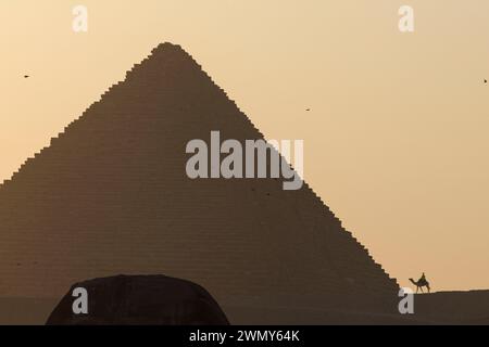 Ägypten, Kairo, Guiza, Memphis und seine Nekropole, die Pyramidenfelder von Gizeh bis Dahshur, die von der UNESCO zum Weltkulturerbe erklärt wurden, Kamel in der Nähe der Menkaure-Pyramide Stockfoto