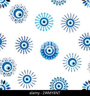 Böses Auge Himmlisches nahtloses Muster mit Sonnen, Monden, Sternen, Palmen. Für Textilien, Souvenirs, Haushaltswaren Stock Vektor