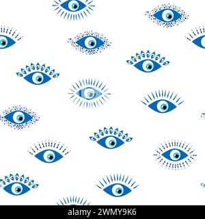 Böses Auge Himmlisches nahtloses Muster mit Sonnen, Monden, Sternen, Palmen. Für Textilien, Souvenirs, Haushaltswaren Stock Vektor