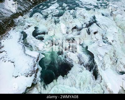 Island, Südküste, Vesturland, der Hvit-Fluss und der Gullfoss-Wasserfall (aus der Vogelperspektive) Stockfoto