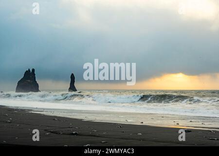 Island, Südküste, Richtung Vik, Ort von Dyrholaey, schwarzer Sandstrand von Reynisfjara Stockfoto