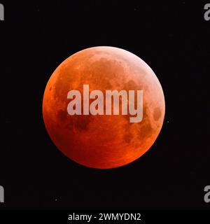 Sonnenfinsternis des Supermondes, Mondfinsternis, roter Supermond, Blutmond, roter oranger Vollmond mit funkelnden Sternen, 21. Januar 2019, Deutschland. Stockfoto