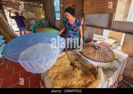 Vietnam, Mekong Delta, Cai BE, handwerkliche Herstellung von Reisblättern für nems und Frühlingsrollen Stockfoto