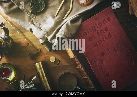 Allgemeine Ansicht des alten und verschlechterten Buches der Religionen der Welt mit eingravierten Buchstaben und religiösen Symbolen verschiedener Religionen auf dem Umschlag Stockfoto