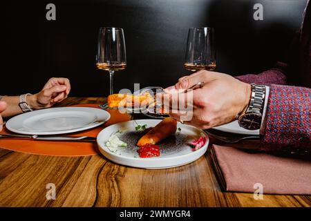 Ein elegantes Ambiente mit einer Frau am Tisch, einem Glas Wein und wunderschönem Gourmet-Essen, das die Essenz des feinen Essens einfängt Stockfoto