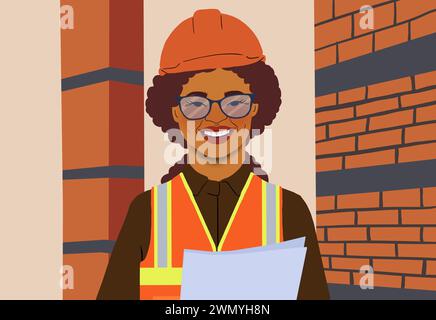 Eine illustrierende, fröhliche Bauarbeiterin mit Schutzhelm und reflektierender Weste hält die technischen Pläne vor einem Hintergrund aus Ziegelmauern. Stockfoto