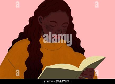 Eine junge Frau, die ein Buch mit einem entspannten Ausdruck und einem gemütlichen Pullover liest. Stockfoto