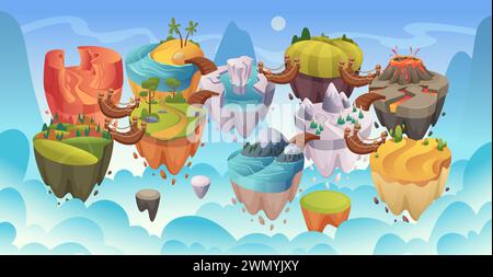 Ebenenzuordnung. Spiel ui Landschaft mit Wasserfällen Seen und Bergen exakte Vektorspiel Schnittstelle mit verschiedenen Naturbiomen Stock Vektor