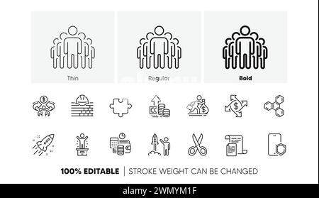 Zeilensymbole „Erstellen“, „Puzzle“ und „Gruppieren“. Für Web-App drucken. Zeilensymbole. Vektor Stock Vektor