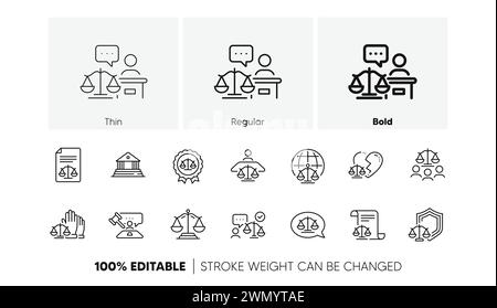 Satz der Symbole für die Feldlinie. Anwalt, Justizmaßstäbe und Richter. Hammer, Gesetz und Petitionsdokument. Zeilensymbole. Vektor Stock Vektor