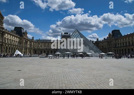 Paris, Frankreich; August 1,2021: Kleine Gruppe von Menschen wartet auf den Eintritt in das berühmte Louvre-Museum in Paris, Frankreich Stockfoto