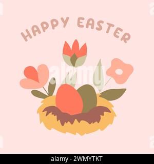 Ostervögel Nest mit bemalten Eiern, Blumen und Text Happy Easter. Vorderansicht, Abbildung isolierte Vektorabwicklung. Grußkarten-Vorlage, Feiertags-Pos Stock Vektor