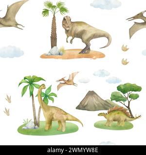 Nahtloses Aquarellmuster mit Illustration eines Dinosauriers auf grünem Gras mit Palmen, Bergen, Wolken, isoliert. Für Kinderzimmer eingerichtet Stockfoto