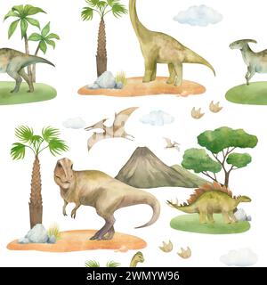 Nahtloses Aquarellmuster mit Illustration eines Dinosauriers auf grünem Gras mit Palmen, Bergen, Wolken, isoliert. Für Kinderzimmer eingerichtet Stockfoto