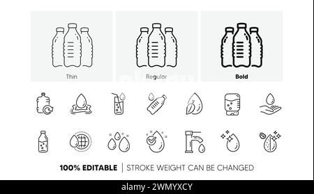 Symbole für Wassertropflinien. Flasche, antibakterieller Filter und Leitungswasser. Lineare Symbolgruppe. Zeilensymbole. Vektor Stock Vektor