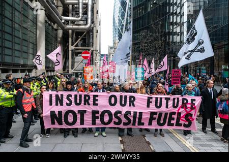 London, Großbritannien. 28. Februar 2024. Extinction Rebellion protestiert am zweiten Tag vor Lloyd’s of London. Anrede: Andrea Domeniconi/Alamy Live News Stockfoto