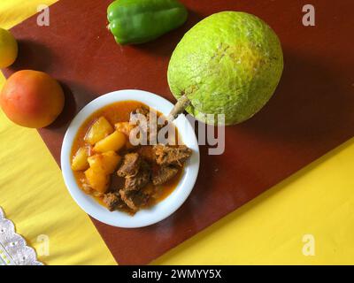 Brotfrucht-Eintopf mit sonnengetrocknetem Fleisch auf Porzellanplatte, ein typisch brasilianisches Kochrezept mit der Frucht des Brotbaums Stockfoto