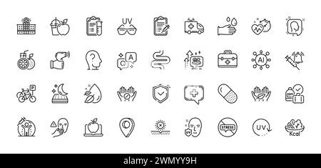 Kapselpille, Impfankündigung und Ambulanz Auto Linie Icons Pack. Für Web-App. Zeilensymbole. Vektor Stock Vektor