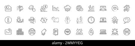 Symbole für Webanalysen, Lebensmittelzustellung und Smartphone-unterbrochene Linien. Für Web-App drucken. Zeilensymbole. Vektor Stock Vektor