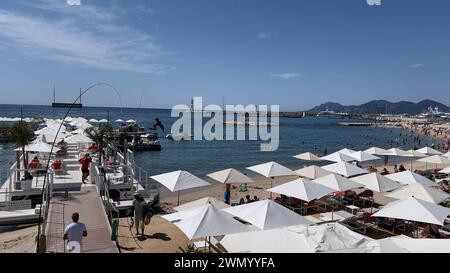 Cannes, Frankreich - August 3,2021: An einem warmen sonnigen Tag entspannen sich die Menschenmassen am berühmten Strand Plage des Rochers in Cannes. Stockfoto