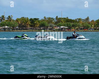 Miami, Florida, USA - 27. Januar 2024: Jet-Skis werden über den Intracoastal Waterway gezogen. Haulover Park im Hintergrund. Stockfoto