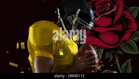 Konfetti, die über Rugby-Plyer fallen und einen Ball gegen das Rosenblumensymbol auf schwarzem Hintergrund halten Stockfoto