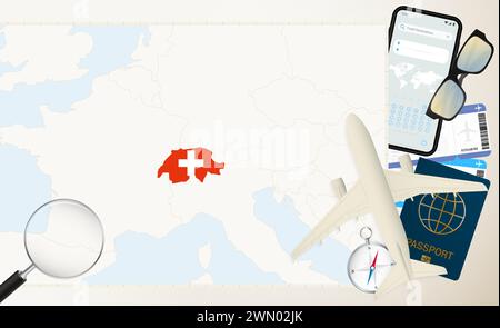 Schweiz Karte und Flagge, Frachtflugzeug auf der detaillierten Karte der Schweiz mit Flagge, Pass, Lupe und Flugzeug. Vektorvorlage. Stock Vektor