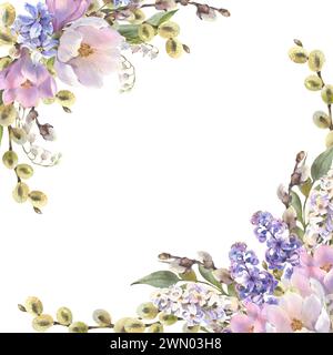 Aquarell Frühlingsblumen - Hyazinthe, Krokus, Weidenzweige, Blätter. Karte mit Blumenmuster, quadratischer Rahmen. Aquarell für Ostermotive Stockfoto
