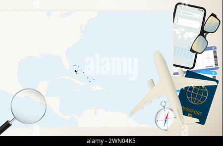 Die Bahamas Karte und Flagge, Frachtflugzeug auf der detaillierten Karte der Bahamas mit Flagge, Pass, Lupe und Flugzeug. Vektorvorlage. Stock Vektor