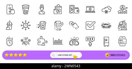 Symbole für medizinische Hilfe, Kaffeelieferungen und Kartenzeilen für die Web-App. Piktogramsymbol. Zeilensymbole. Vektor Stock Vektor