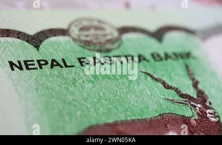 Nahaufnahme der alten nepalesischen Rastra-Notenbank-Rupie-Banknote (Schwerpunkt auf Zentrum) Stockfoto