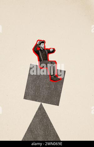 Vertikale kreative Collage Banner sitzender junger Gentleman Vintage Anzug Karomuhr Uhr Wow schockierte Reaktion verpassen Deadline Eile Stockfoto