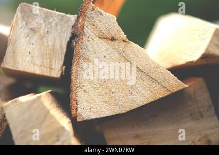 Mann stapelt Brennholz, bereitet sich auf den kalten Winter vor, getöntes Foto. Heizen des Hauses mit Brennholz auf dem Land im Winter Stockfoto