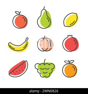Obst-Set. Tropische Früchte mit Farbe. Lineare Vektorillustration isoliert auf weißem Hintergrund. Stock Vektor