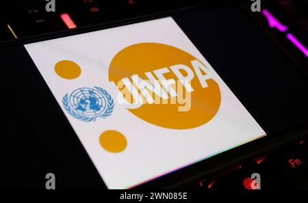 Viersen, Deutschland - 9. Januar. 2024: Smartphone-Bildschirm mit Logobeschriftung der UNFPA-Organisation der Vereinten Nationen auf Computertastatur Stockfoto