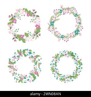 Blumenkranz Set. Kreisförmige Ränder des Blumenstraußes. Runde Rahmen mit Blumenmuster isoliert auf weißem Hintergrund. Frühlingsdekoration. Illustration der Vektorabwicklung. Stock Vektor