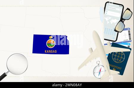 Kansas Karte und Flagge, Frachtflugzeug auf der detaillierten Karte von Kansas mit Flagge, Pass, Lupe und Flugzeug. Vektorvorlage. Stock Vektor