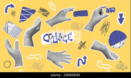 Hände Collage Set. Moderne Retro-Palmen-Elemente mit abstrakten Pfeilformen und Schriftzügen. Vektorabbildung. Stock Vektor