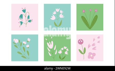 Blumenkartenset. Blumenelemente in quadratischen Rahmen. Illustration der Vektorabwicklung. Stock Vektor