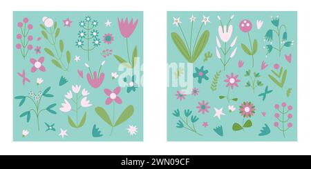 Blumenkartenset. Blumenelemente. Illustration der Vektorabwicklung. Stock Vektor
