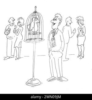 BW-Zeichentrickillustration zeigt einen introvertierten Mann, der mit einem Papagei auf der Cocktailparty redet. Stockfoto