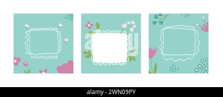 Frühlingsferien-Hintergründe. Abstrakte Bannervorlagen mit Rahmen für Blumen. Karten mit Dekoration. Einfache Vektor-Illustration. Stock Vektor