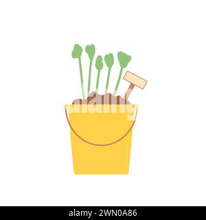 Pflanzen im Eimer wachsen. Gartenelement isoliert auf weißem Hintergrund. Frühlingsgartenbau. Setzling und Aussaat. Illustration der Vektorabwicklung. Stock Vektor