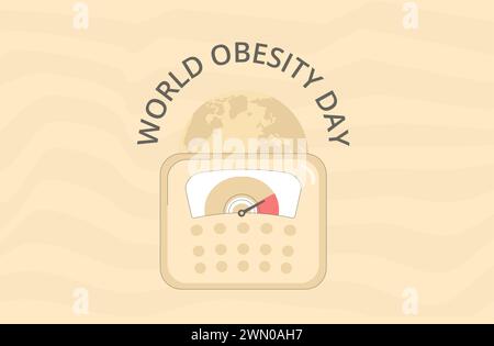 Banner-Vorlage für den World Adipositas Day. Text rund um den Globus und Skalierung. Illustration der Vektorabwicklung. Stock Vektor