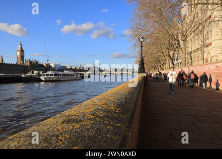 Das Albert Embankment an der Themse gegenüber den Houses of Parliament in der Wintersonne, London, Großbritannien Stockfoto