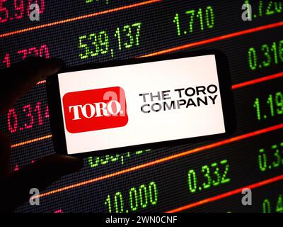 Konskie, Polen – 24. Februar 2024: Das Logo der Firma Toro wird auf dem Mobiltelefon angezeigt Stockfoto