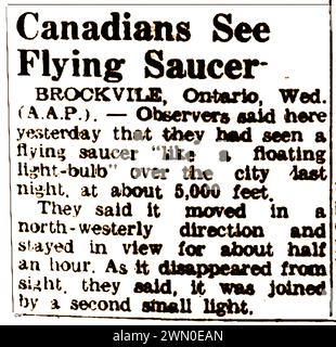 10. Juli 1952 Presseschnitt – UFOs Brockville, Ontario, Kanada Stockfoto